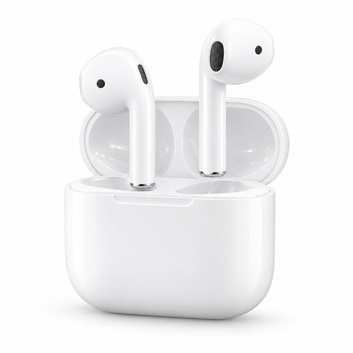 Illustrative studio render of open-fit wireless earbuds and charging case