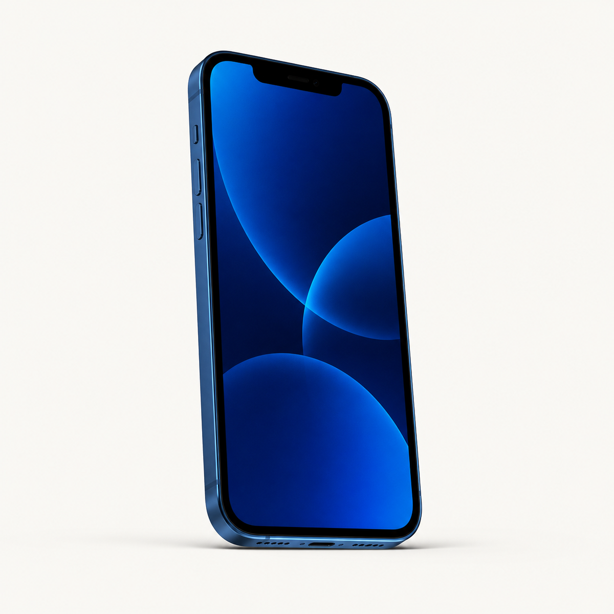 Apple iPhone 12 128GB in Blue — lower angle showing the charging-port edge