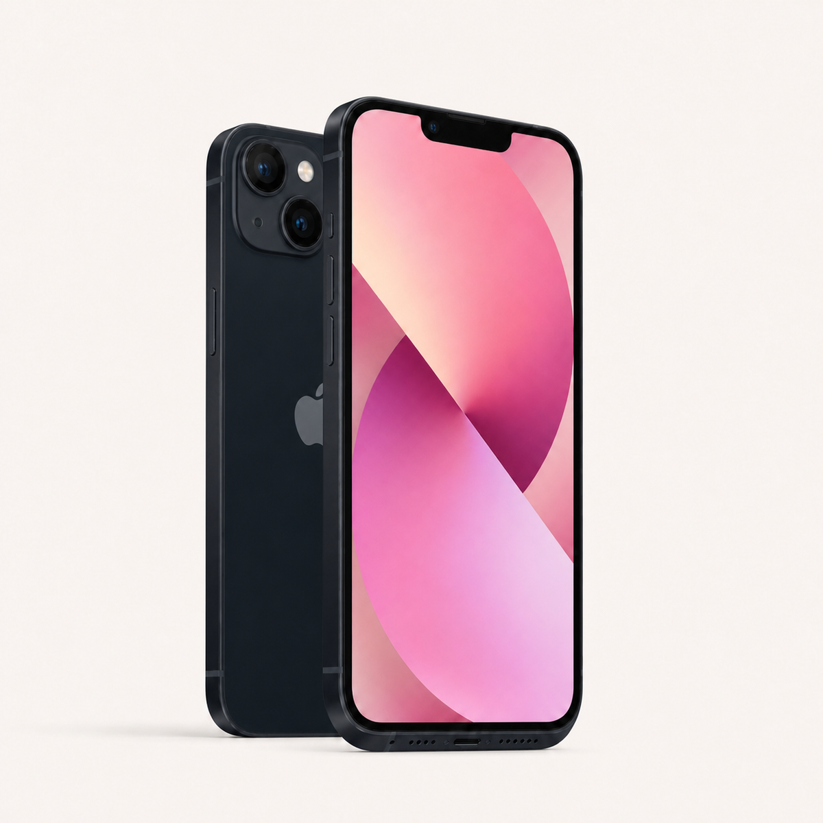 Apple iPhone 13 128GB in Midnight — lower angle showing the charging-port edge