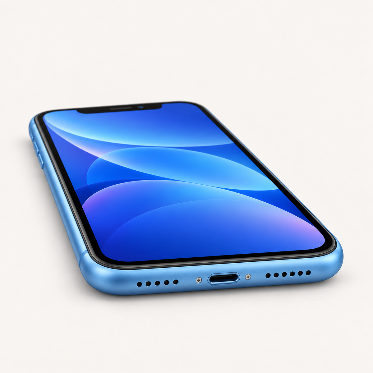 Apple iPhone XR in Blue — Lightning charging port and speaker detail