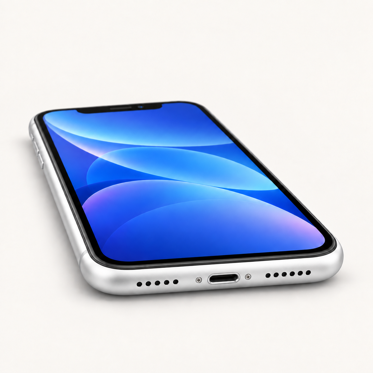 Apple iPhone XR in White — Lightning charging port and speaker detail
