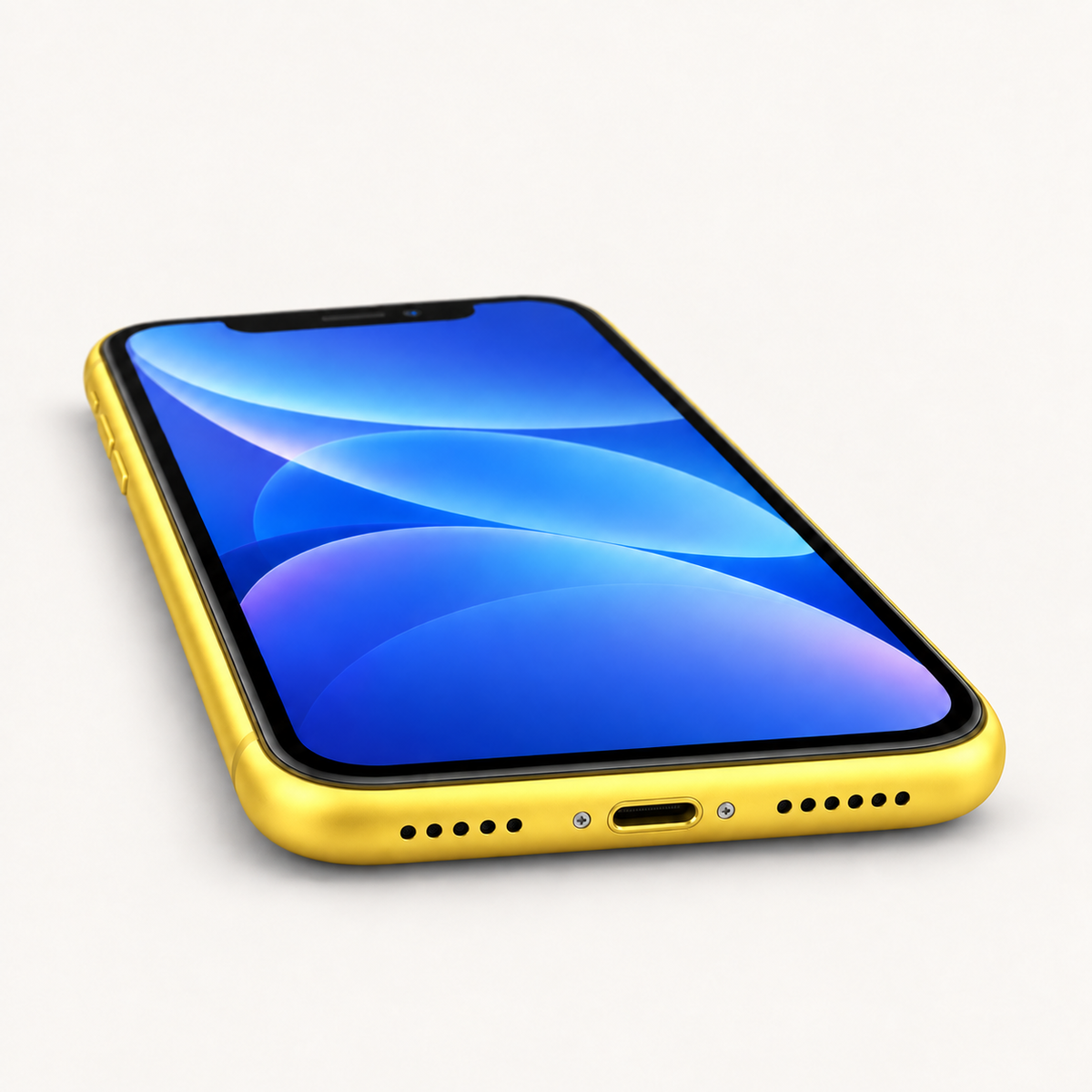 Apple iPhone XR in Yellow — Lightning charging port and speaker detail
